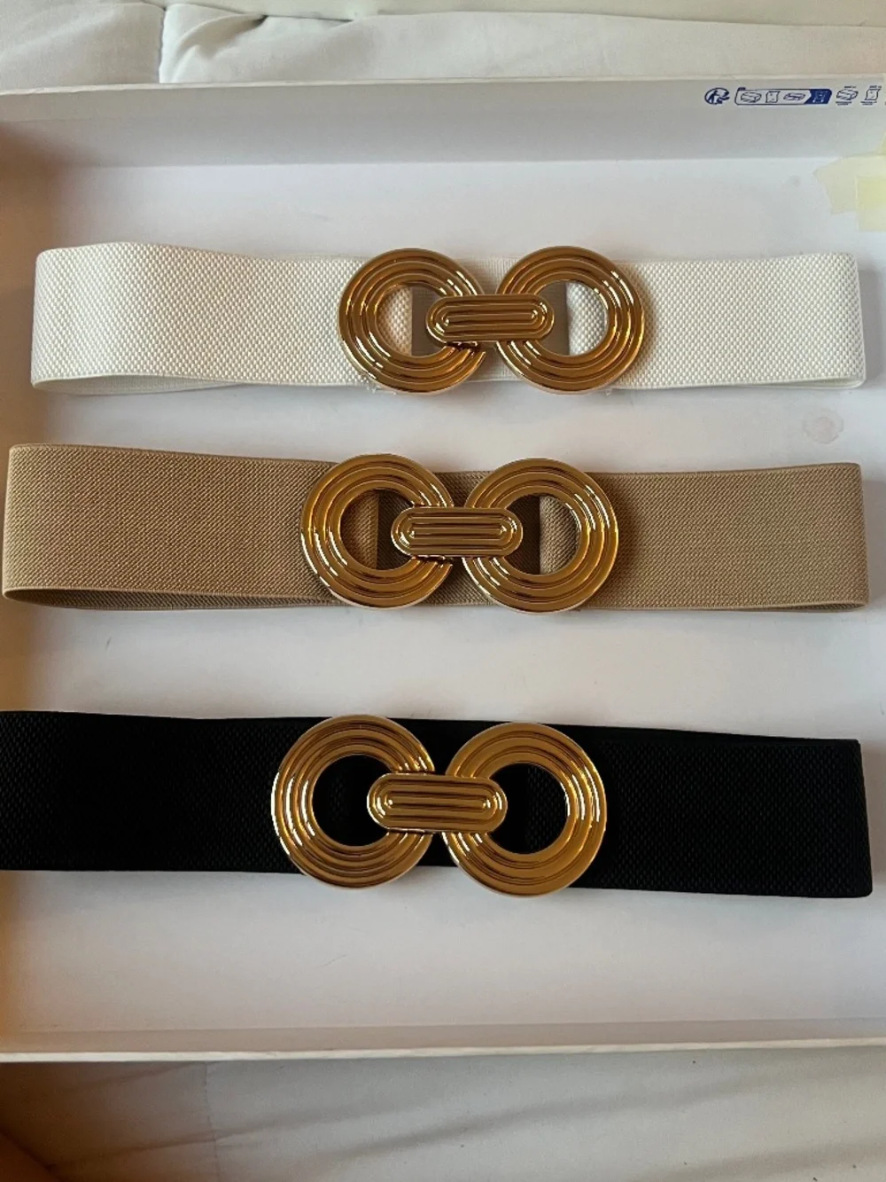 3-Piece Stretch Waist Belt Set – Black, White & Nude – Gold Buckle – New